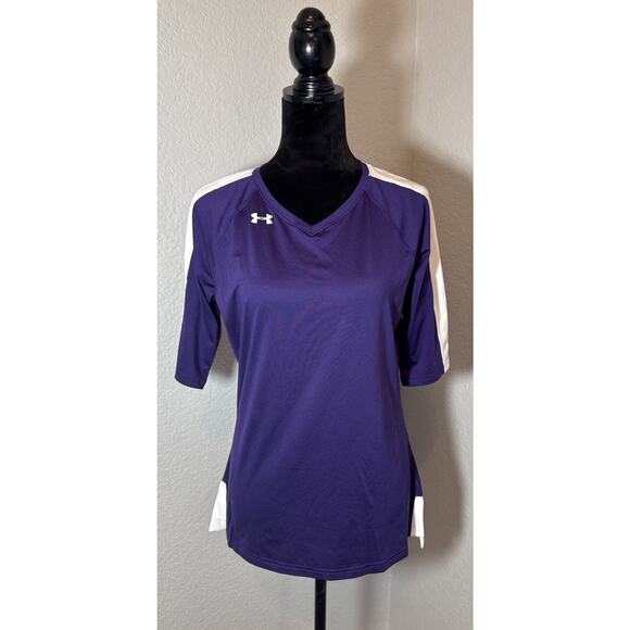 Under Armour Purple And White Fitted Heat Gear Short Sleeve Vneck Style 1247787 - Picture 1 of 10